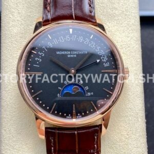 GR Factory Vacheron Constantin Moonphase Retrograde Da (8) GR Factory Vacheron Constantin Overseas moonphase retrograde date 41mm rose gold leather strap black dial replica watch