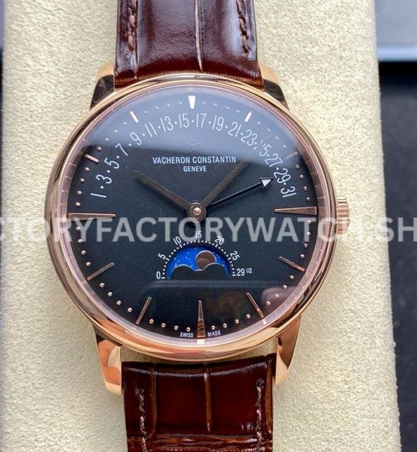 GR Factory Vacheron Constantin Overseas moonphase retrograde date 41mm rose gold leather strap black dial replica watch