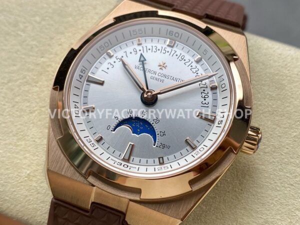 GR Factory Vacheron Constantin Moonphase Retrograde Da (9) GR Factory Vacheron Constantin Moonphase Retrograde Date Overseas 41mm Rose Gold Brown Rubber Strap Silver Dial