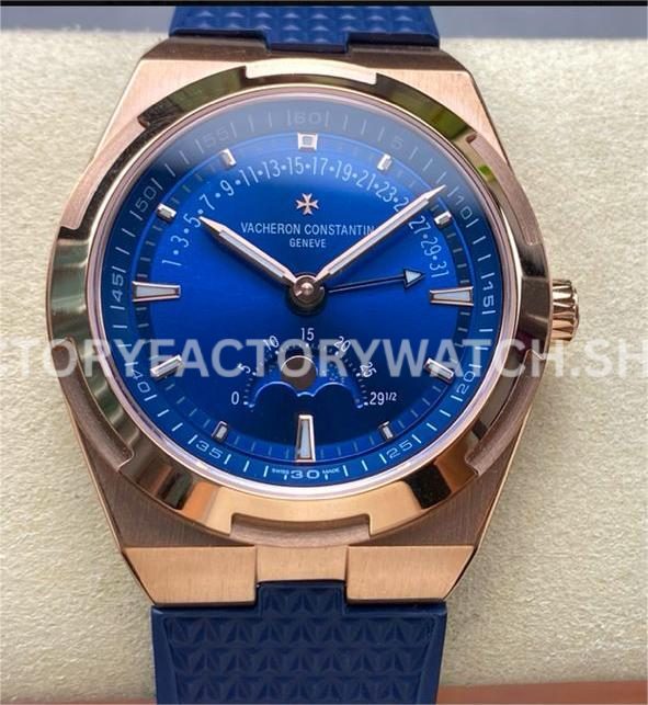 GR Factory Vacheron Constantin Moonphase Retrograde Dat (1) GR Factory Vacheron Constantin Overseas moonphase retrograde date 41mm rose gold blue rubber strap blue dial replica watch
