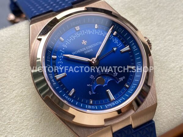 GR Factory Vacheron Constantin Moonphase Retrograde Dat ( (4) GR Factory Vacheron Constantin Moonphase Retrograde Date Overseas 41mm Rose Gold Blue Rubber Strap Blue Dial