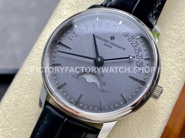 GR Factory Vacheron Constantin Moonphase Retrograde Date Ov (6) GR Factory Vacheron Constantin Moonphase Retrograde Date Overseas 41mm Steel Leather Strap Grey Dial