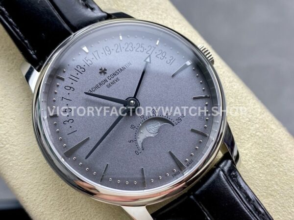 GR Factory Vacheron Constantin Moonphase Retrograde Date Ov (9) GR Factory Vacheron Constantin Moonphase Retrograde Date Overseas 41mm Steel Leather Strap Grey Dial