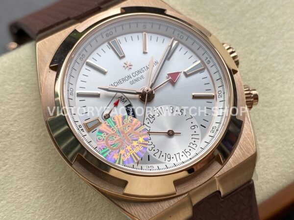 GR Factory Vacheron Constantin Overseas Dual Time 7900V000R-B336 41mm Rose Gold ( (4) GR Factory Vacheron Constantin Overseas Dual Time 7900V/000R-B336 41mm Rose Gold Brown Rubber Strap Silver Dial