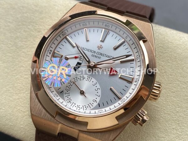 GR Factory Vacheron Constantin Overseas Dual Time 7900V000R-B336 41mm Rose Gold ( (9) GR Factory Vacheron Constantin Overseas Dual Time 7900V/000R-B336 41mm Rose Gold Brown Rubber Strap Silver Dial