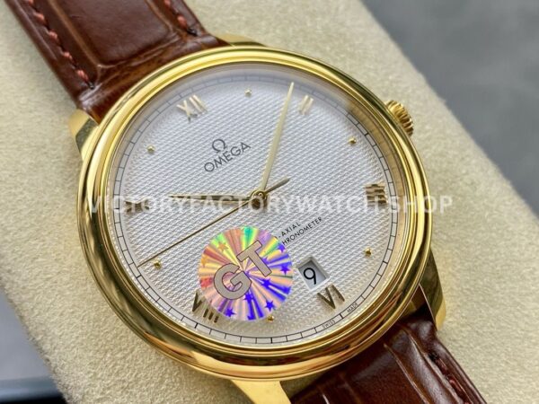 GT Factory Omega De Ville Co-Axial 434.53.40.20.02.002 40mm Yellow Gold Leather Strap Gold Point Roman Number Silver Pupil Dial