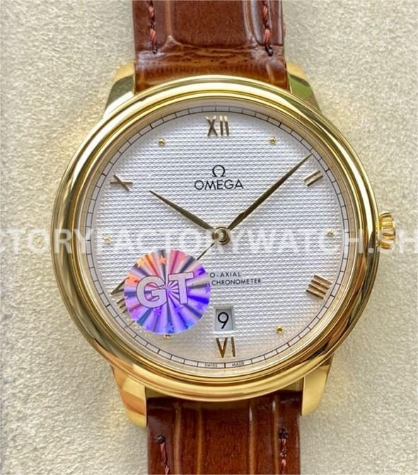 GT Factory Omega De Ville Co-Axial 434.53.40.20.02.002 40mm yellow gold leather strap gold point Roman numeral silver pupil dial replica watch