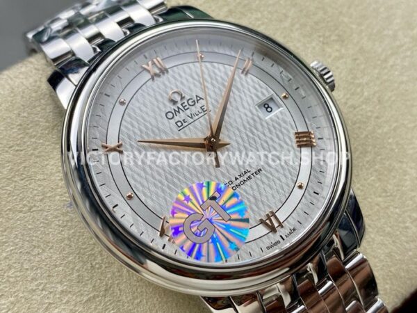 GT Factory Omega De Ville Prestige 424.10.40.20.02.004 39.5mm Full Steel Gold Roman Number Sil (4) GT Factory Omega De Ville Prestige 424.10.40.20.02.004 39.5mm Full Steel Gold Roman Number Silver Web Weaving Dial