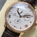 KM Factory Vacheron Constantin Patrimony 47200000J-9018 Rose Gold Diamond Bezel White Dial (1) KM Factory Vacheron Constantin Patrimony 47200/000J-9018 40mm Rose Gold Leather Strap Diamond Bezel White Dial