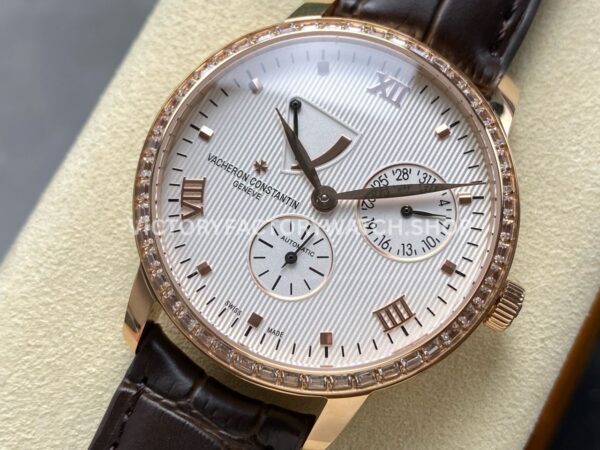 KM Factory Vacheron Constantin Patrimony 47200000J-9018 Rose Gold Diamond Bezel White Dial (1) KM Factory Vacheron Constantin Patrimony 47200/000J-9018 40mm Rose Gold Leather Strap Diamond Bezel White Dial