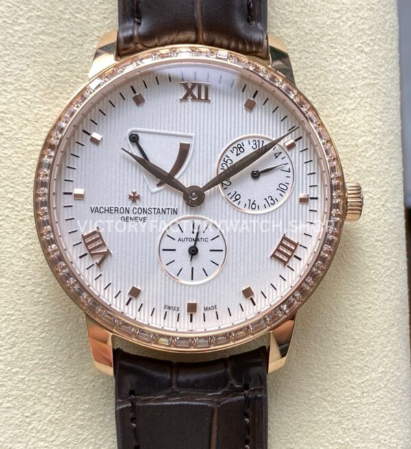 KM Factory Vacheron Constantin Patrimony 47200000J-9018 Rose Gold Diamond Bezel White Dial (2) KM Factory Vacheron Constantin Patrimony 47200 000J 9018 40mm rose gold leather strap diamond bezel white dial replica watch