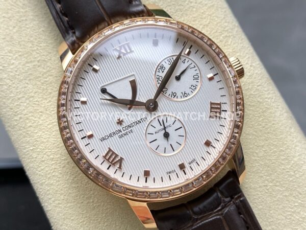KM Factory Vacheron Constantin Patrimony 47200000J-9018 Rose Gold Diamond Bezel White Dial (6) KM Factory Vacheron Constantin Patrimony 47200/000J-9018 40mm Rose Gold Leather Strap Diamond Bezel White Dial