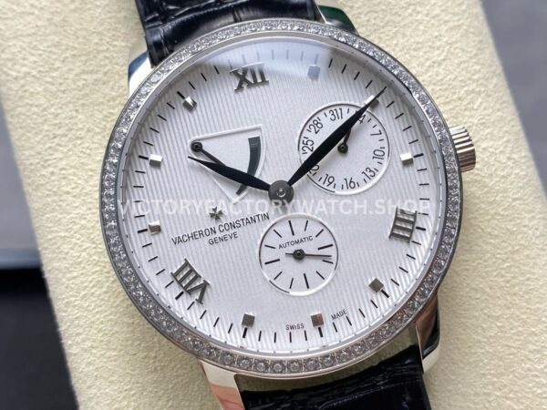 KM Factory Vacheron Constantin Patrimony 47200/000G-9019 40mm Leather Strap White Gold Diamond Bezel White Dial