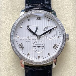 KM Factory Vacheron Constantin Patrimony 47200 000G 9019 40mm white gold leather strap diamond bezel white dial replica watch