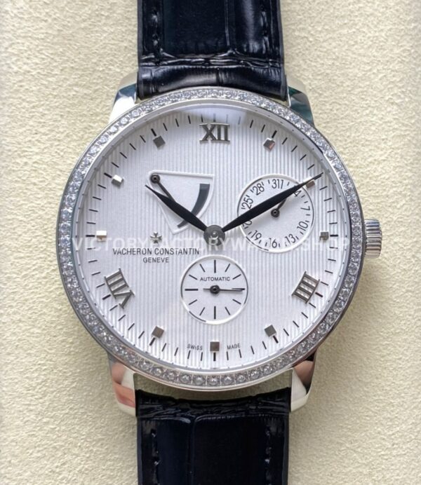 KM Factory Vacheron Constantin Patrimony 47200 000G 9019 40mm white gold leather strap diamond bezel white dial replica watch