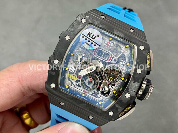 KU Factory Richard Mille RM 11-03 44.5mm Carbon Fiber Blue Rubber Strap Arabic Numerals Skeletonized Dial