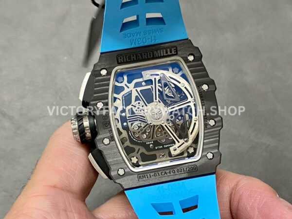 KU Factory Richard Mille RM 11-03 44.5mm Carbon Fiber Blue Rubber Strap Arabic Numerals Skeletonized Dial
