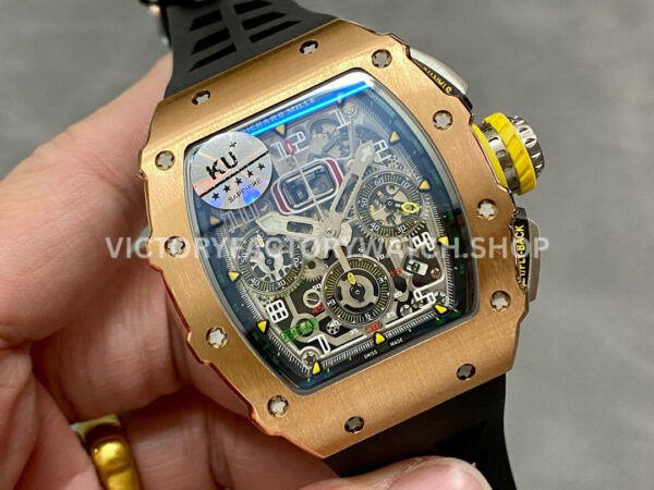KU Factory Richard Mille RM 11-03 44.5mm Rose Gold Black Rubber Strap Skeletonized Dial