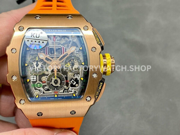 KU Factory Richard Mille RM 11-03 44.5mm Rose Gold Orange Rubber Strap Skeletonized Dial (2) KU Factory Richard Mille RM 11-03 rose gold orange rubber strap skeletonized dial
