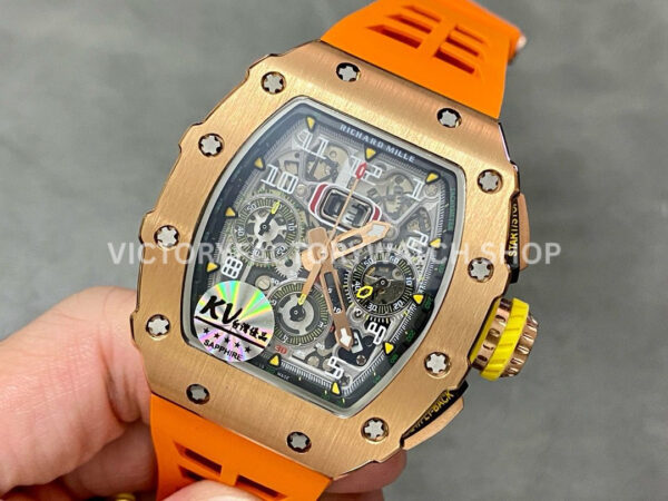 KV Factory Richard Mille RM 11-03 44.5mm Rose Gold Orange Rubber Strap Arabic Numerals Skeleto (4) KV Factory Richard Mille RM 11-03 44.5mm Rose Gold Orange Rubber Strap Arabic Numerals Skeletonized Dial