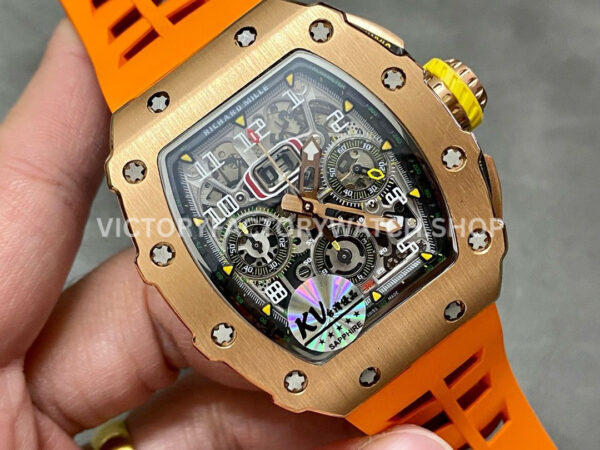 KV Factory Richard Mille RM 11-03 44.5mm Rose Gold Orange Rubber Strap Arabic Numerals Skeleto (5) KV Factory Richard Mille RM 11-03 44.5mm Rose Gold Orange Rubber Strap Arabic Numerals Skeletonized Dial