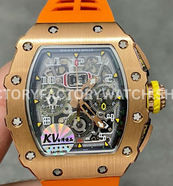 KV Factory Richard Mille RM 11-03 44.5mm Rose Gold Orange Rubber Strap Arabic Numerals Skeleto KV Factory Richard Mille RM 11-03 rose gold orange rubber strap Arabic numerals skeletonized dial