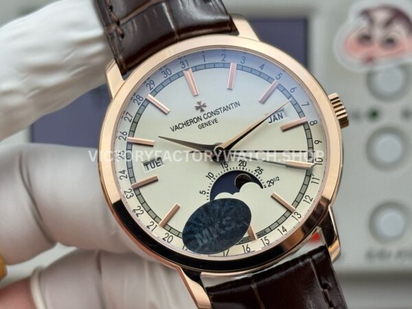 MKS Factory Vacheron Constantin Traditionnelle Complete Calendar 4010T/000R-B344 41mm Rose Gold Brown Leather Strap Silver Dial