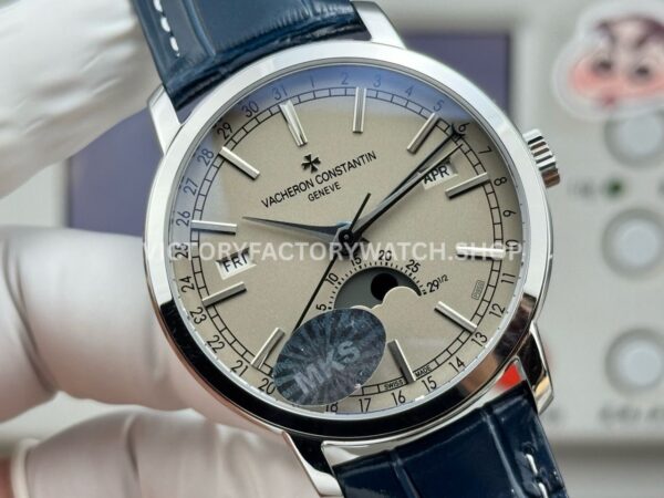 MKS Factory Vacheron Constantin Traditionnelle Complete Calendar 4010T/000P-B345 41mm White Gold Blue Leather Strap Silver Dial