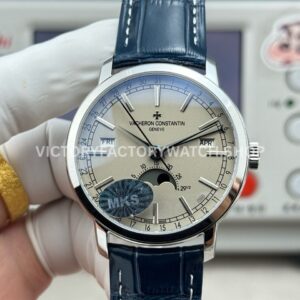 MKS Factory Vacheron Constantin Traditionnelle Complete Calendar 4010T 000P B345 41mm white gold blue leather strap silver dial replica watch