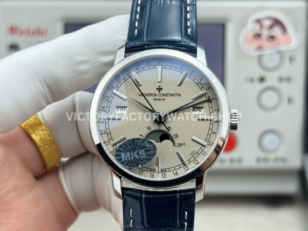 MKS Factory Vacheron Constantin Traditionnelle Complete Calendar 4010T 000P B345 41mm white gold blue leather strap silver dial replica watch