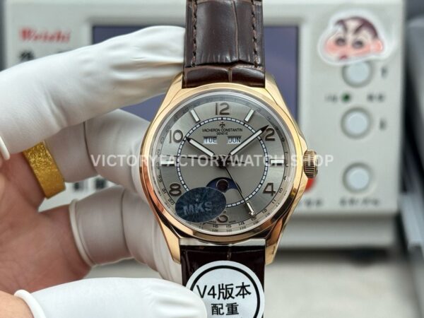 MKS Factory Vacheron Constantin Fiftysix 4000E 000R B438 rose gold brown leather strap Arabic numerals silver dial replica watch