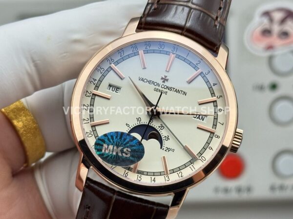 MKS Factory Vacheron Constantin Traditionnelle Complete Calendar 4010T/000R-B344 41mm Rose Gold Brown Leather Strap Silver Dial