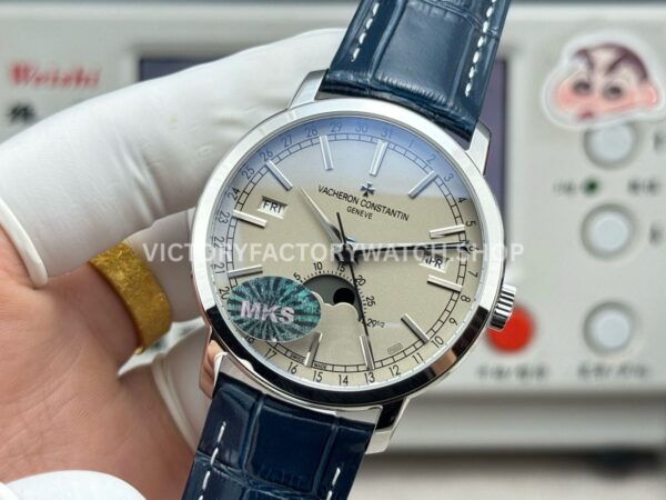 MKS Factory Vacheron Constantin Traditionnelle Complete Calendar 4010T/000P-B345 41mm White Gold Blue Leather Strap Silver Dial