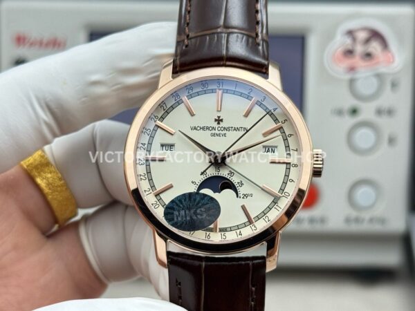 MKS Factory Vacheron Constantin Traditionnelle Complete Calendar 4010T 000R B344 41mm rose gold brown leather strap silver dial replica watch