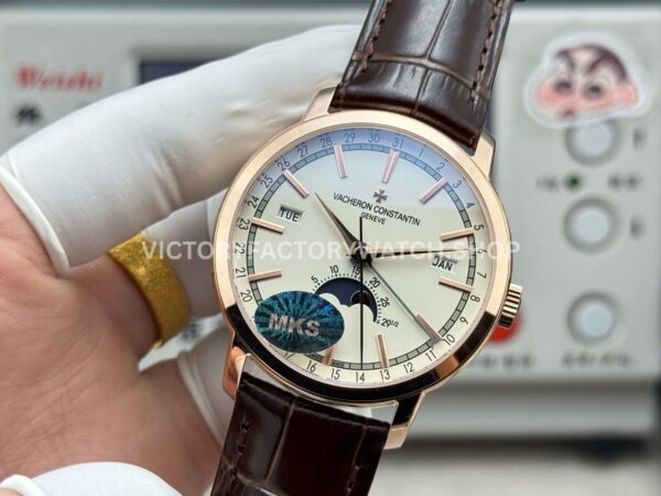 MKS Factory Vacheron Constantin Traditionnelle Complete Calendar 4010T/000R-B344 41mm Rose Gold Brown Leather Strap Silver Dial