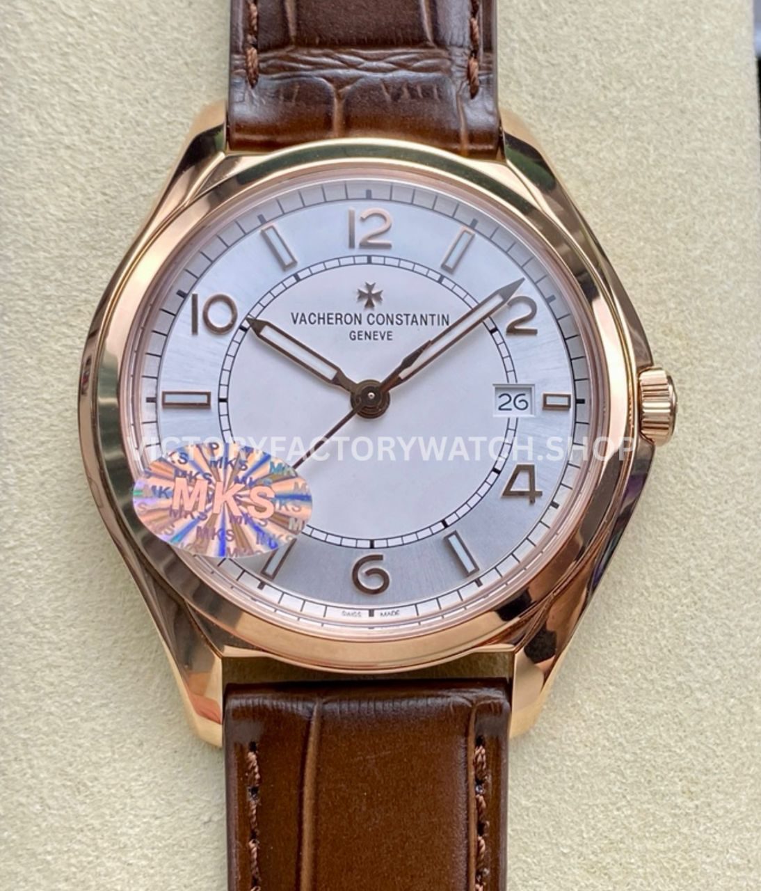 MKS Factory Vacheron Constantin Fiftysix 4600E 000R B441 40mm rose gold leather strap Arabic numerals silver dial replica watch