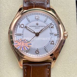 MKS Factory Vacheron Constantin Fiftysix 4600E 000R B441 rose gold brown leather strap Arabic numerals silver dial replica watch