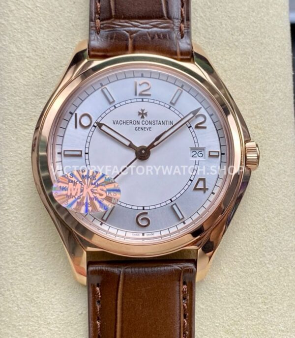 MKS Factory Vacheron Constantin Fiftysix 4600E 000R B441 rose gold brown leather strap Arabic numerals silver dial replica watch
