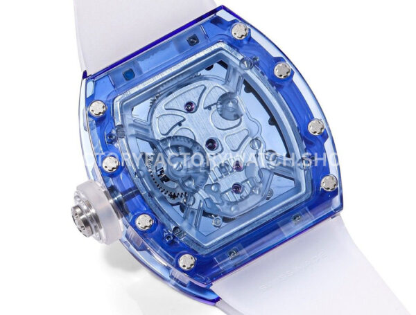 MS Factory Richard Mille RM 52-01 44mm Blue Synthetic Sapphire Emulsion Rubber Strap Skel (5) MS Factory Richard Mille RM 52-01 44mm Blue Synthetic Sapphire Emulsion Rubber Strap Skeletonized Skull Black Dial