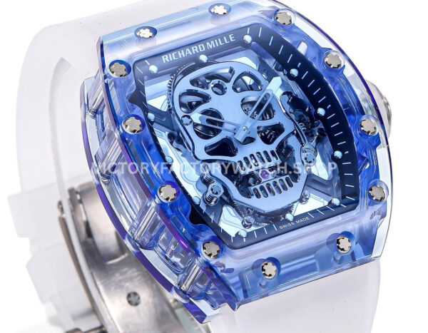 MS Factory Richard Mille RM 52-01 44mm Blue Synthetic Sapphire Emulsion Rubber Strap Skel (6) MS Factory Richard Mille RM 52-01 44mm Blue Synthetic Sapphire Emulsion Rubber Strap Skeletonized Skull Black Dial
