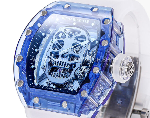 MS Factory Richard Mille RM 52-01 44mm Blue Synthetic Sapphire Emulsion Rubber Strap Skel (7) MS Factory Richard Mille RM 52-01 44mm Blue Synthetic Sapphire Emulsion Rubber Strap Skeletonized Skull Black Dial