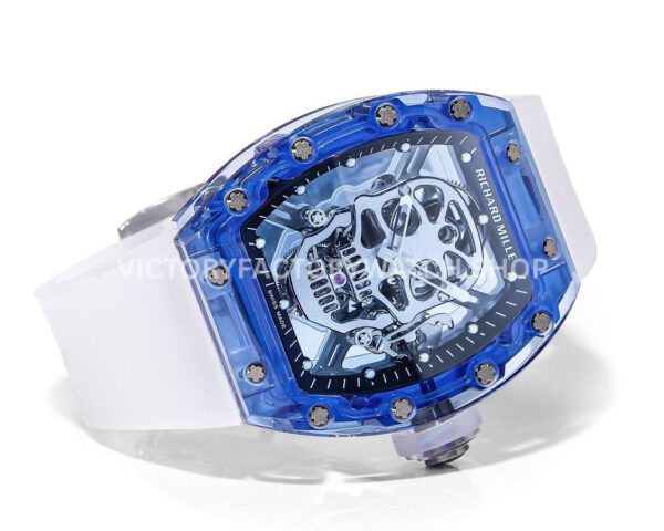 MS Factory Richard Mille RM 52-01 44mm Blue Synthetic Sapphire Emulsion Rubber Strap Skel (9) MS Factory Richard Mille RM 52-01 44mm Blue Synthetic Sapphire Emulsion Rubber Strap Skeletonized Skull Black Dial