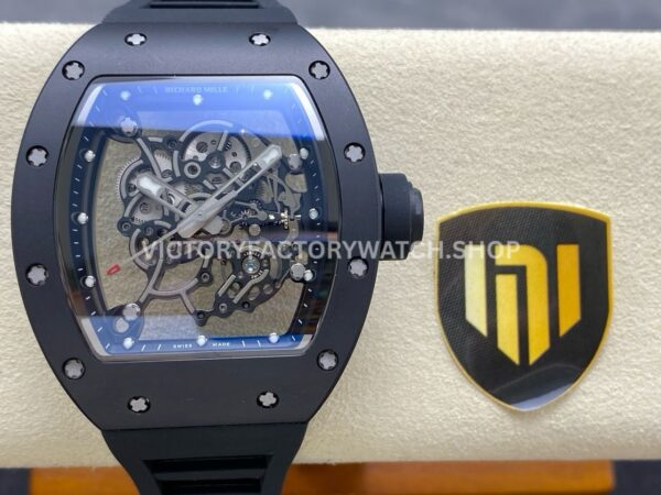 NE302D~1 New Factory Richard Mille RM055 Bubba Watson 42.7mm black ceramic black rubber strap skeletonized black dial