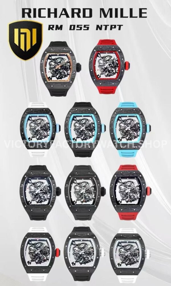 NEW Factory Richard Mille RM055 Abu Dhabi 42.7mm Carbon Fiber Black Rubber Strap Skeletonized B (10) NEW Factory Richard Mille RM 055 Bubba Watson 42.7mm Black Ceramic White Rubber Strap Skeletonized White Dial