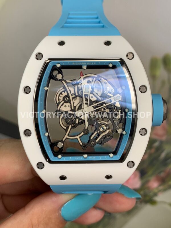 New Factory Richard Mille RM 055 42.7mm White Ceramics Light Blue Rubber Strap Black Skeletonized Dial (1) New Factory Richard Mille RM 055 42.7mm White Ceramics Light Blue Rubber Strap Black Skeletonized Dial