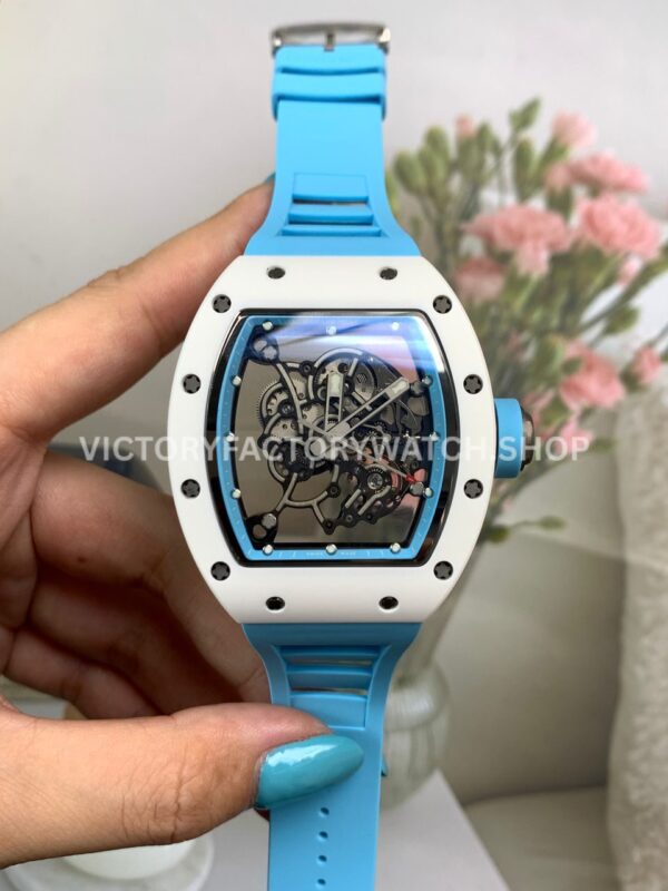 New Factory Richard Mille RM 055 42.7mm White Ceramics Light Blue Rubber Strap Black Skeletonized Dial (2) New Factory Richard Mille RM055 42.7mm white ceramic light blue rubber strap black skeletonized dial