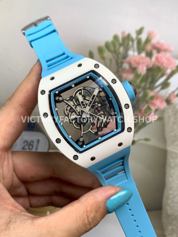 New Factory Richard Mille RM 055 42.7mm White Ceramics Light Blue Rubber Strap Black Skeletonized Dial (3) New Factory Richard Mille RM 055 42.7mm White Ceramics Light Blue Rubber Strap Black Skeletonized Dial