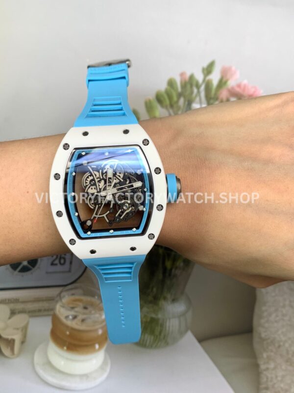 New Factory Richard Mille RM 055 42.7mm White Ceramics Light Blue Rubber Strap Black Skeletonized Dial (4) New Factory Richard Mille RM 055 42.7mm White Ceramics Light Blue Rubber Strap Black Skeletonized Dial