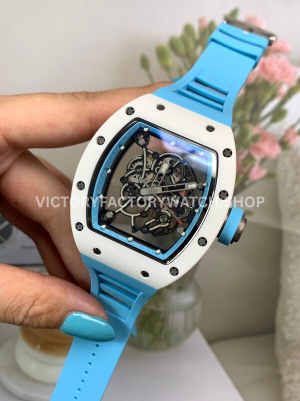 New Factory Richard Mille RM 055 42.7mm White Ceramics Light Blue Rubber Strap Black Skeletonized Dial (6) New Factory Richard Mille RM 055 42.7mm White Ceramics Light Blue Rubber Strap Black Skeletonized Dial