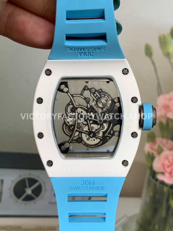 New Factory Richard Mille RM 055 42.7mm White Ceramics Light Blue Rubber Strap Black Skeletonized Dial (7) New Factory Richard Mille RM 055 42.7mm White Ceramics Light Blue Rubber Strap Black Skeletonized Dial